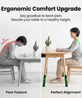 Ergonomic comfort comparison showing heavy duty 4 pack table leg extenders raise height from 3.6 to 5.2 inches for better posture.