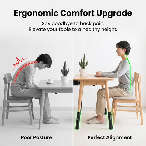 Ergonomic comfort comparison showing heavy duty 4 pack table leg extenders raise height from 3.6 to 5.2 inches for better posture.