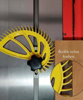 The Hedgehog featherboard for table saws, yellow wheel with flexible nylon feathers, front view.