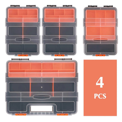 4-piece Rugged Tool Organizer Box with Adjustable Compartments and Ergonomic Handle, waterproof and shock resistant design.