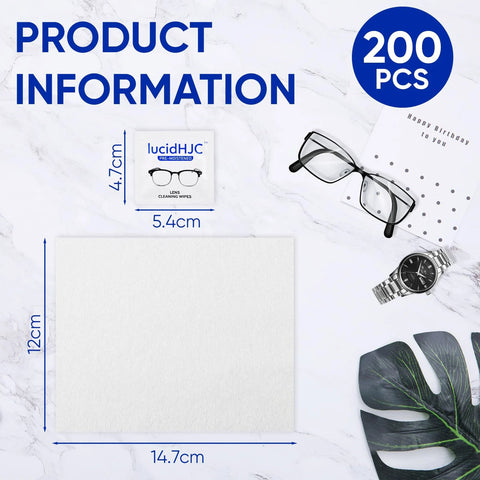 LucidHJC lens cleaning wipes, 200 pcs, individually wrapped white sheets for eyeglasses and device screens.
