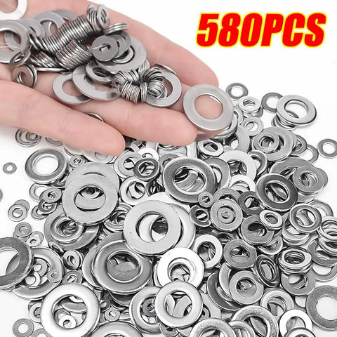 580 Piece Stainless Steel Washer Set From M2 To M12 With Flat And Spring Lock Washers For Home Auto And Industrial Projects A Versatile Durable Fasteners Kit, shown with scattered washers.