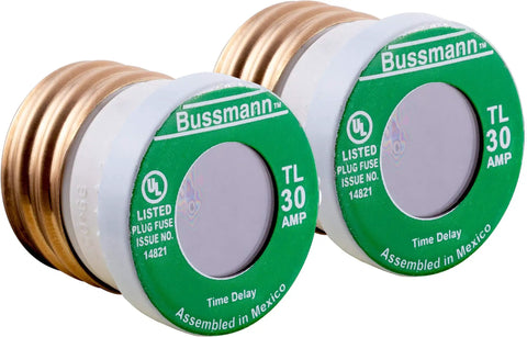 Two Bussmann TL 30 Amp fuses with UL listing designed for Type T TL 30 Amp Time Delay Fuses 2 Pack 125VAC UL Listed For Motorized Appliances And Gear Ideal For Washers Dryers Furnaces And Air Conditioners Premium Circuit Protection.