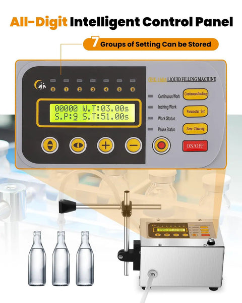 2-118 Oz Liquid Filler Machine With Anti Drip Nozzle Diaphragm Pump And Digital Control display showing presets and settings