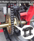 10 Pack Number 35 Chain Master Link Roller Steel Alloy Heavy Duty Connector for Go Karts, close-up of installed chain link.