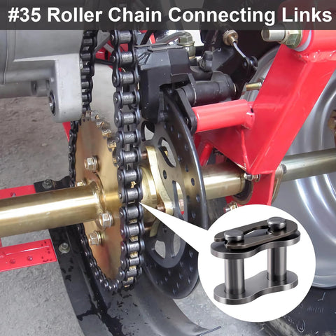 10 Pack Number 35 Chain Master Link Roller Steel Alloy Heavy Duty Connector for Go Karts, close-up of installed chain link.