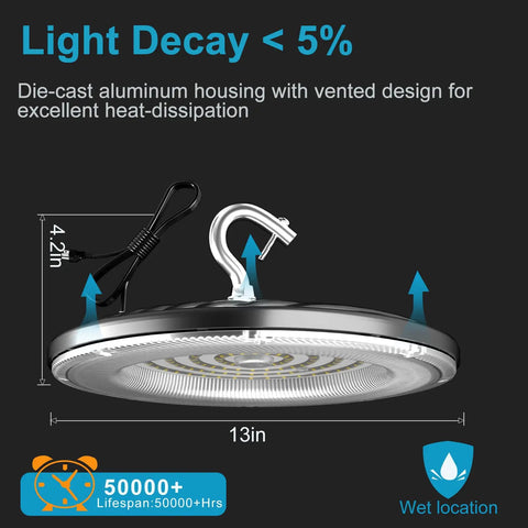200W LED High Bay Light for Shops and Barns, 5000K Daylight, 30,000 Lumens, ETL Listed, side view showing hook and cable