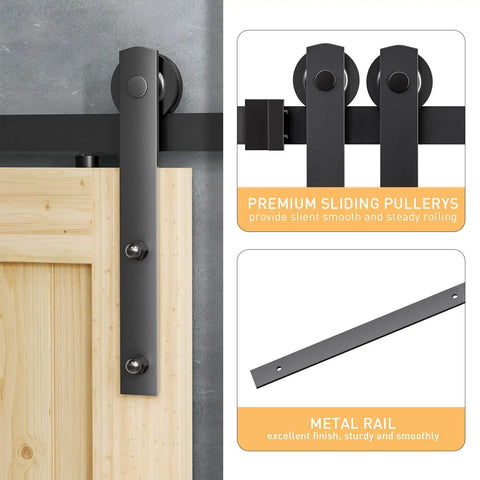 Heavy Duty 5Ft Sliding Barn Door Hardware Kit With Door Hook And Two Handles Easy To Install Smooth Quiet Rolling Supports Up To 260 lb Fits 1 3 8 Inch To 1 3 4 Inch Door Thickness Black I Shape Hanger with metal rail and pulleys