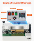 Control panel of Heavy Duty Continuous Bag Band Sealer Machine With Digital Temp Control features buttons and temperature display.