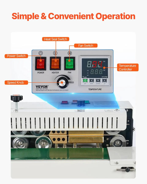 Control panel of Heavy Duty Continuous Bag Band Sealer Machine With Digital Temp Control features buttons and temperature display.