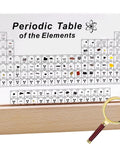 Acrylic Periodic Table With 83 Real Elements Inside Wooden Stand And Magnifying Glass Kid Friendly Educational Chemistry Display For Teachers And Students In Classrooms And Homes, showing element samples in an acrylic case on a wooden base with a magnifying glass.