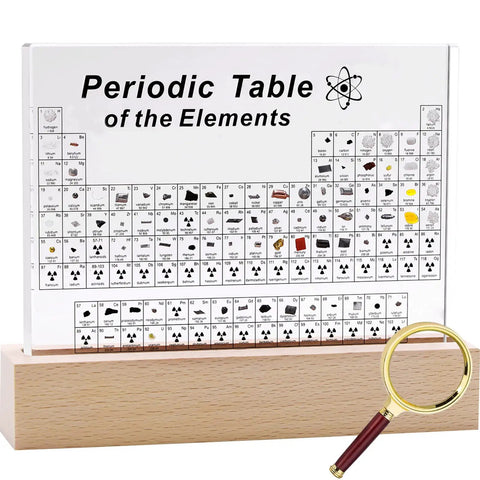 Acrylic Periodic Table With 83 Real Elements Inside Wooden Stand And Magnifying Glass Kid Friendly Educational Chemistry Display For Teachers And Students In Classrooms And Homes, showing element samples in an acrylic case on a wooden base with a magnifying glass.