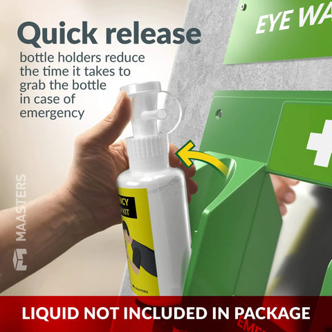 Hand using quick release of Portable Eye Wash Station With Wall Mount Kit, OSHA Approved First Aid Eyewash, Mirror, And Two 16 Ounce Empty Bottles, No Eye Wash Solution Included, Ready For Fast Emergency Rinse At Any Job Site