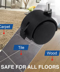 Threaded Caster Set Of 4 M8 X 1.25 Swivel Stem Office Chair Wheels With Locking Brake shown on carpet, tile, and wood floors