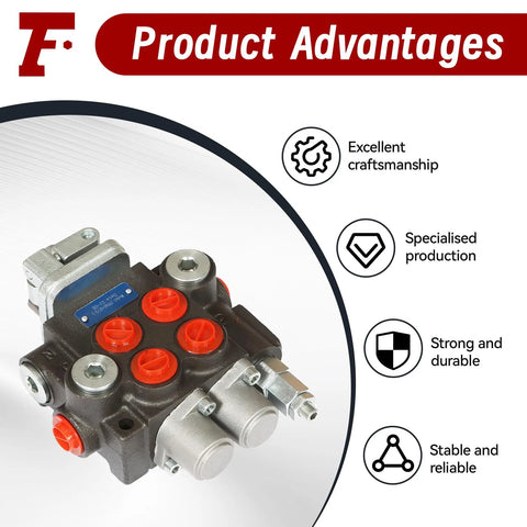 Two-spool hydraulic control valve with red caps, black body and metal fittings