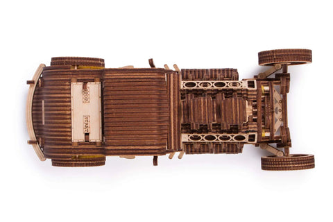 Hot Rod 3D Wooden Puzzle Car Kit for Adults No Glue Needed 280 Pieces Natural Wood Model With Illustrated Assembly Guide and Realistic Vintage Style Great Gift Idea, top view