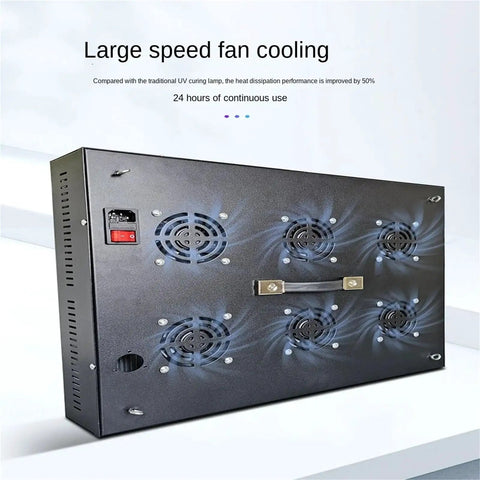 Heavy Hitter UV Curing Lamp At 365Nm with large speed fan cooling for efficient heat dissipation during 3D printing setup.