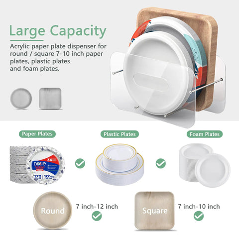 Round And Square Plate Dispenser And Storage Organizer For 7 To 12 Inch Disposable Plates, Clear Acrylic Space Saving Cabinet Or Countertop Organizer For Plastic Foam And Paper Plates, Ideal For RV Or Outdoor Use