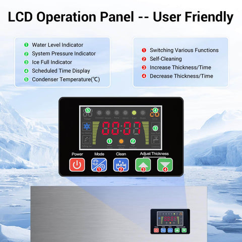 LCD control panel of 600 Lbs Per Day Commercial Ice Maker with operational indicators and control buttons visible.