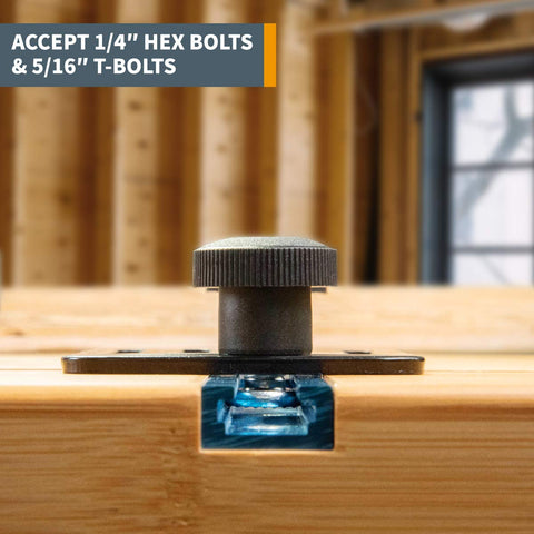 Two Pack 24 Inch Universal T Track Kit with clamp securing jig in place, suitable for woodworking and CNC machines.