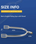 Lightweight Zinc Alloy Dressage Spurs With 20mm Neck And Rotatable Rowel, detailed sizing dimensions displayed