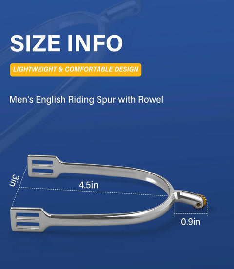 Lightweight Zinc Alloy Dressage Spurs With 20mm Neck And Rotatable Rowel, detailed sizing dimensions displayed
