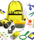 Awesome Kids Outdoor Explorer Kit with Bug Catcher Gear for Outdoor Adventures, including binoculars and yellow drawstring bag.