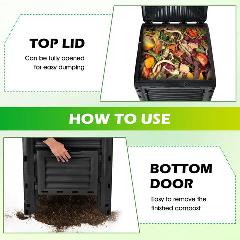 Outdoor Compost Bin 80 Gallon Aerated Compost Box With Top Flip Lid showing full kitchen waste and garden scraps
