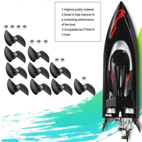 Image showing Ten Pack Brushless RC Boat Tail Propellers Spare Part Kit For FT009 Remote Control Boat with spare propellers and a boat.
