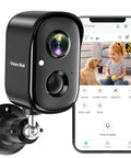 Wireless Outdoor Security Camera System With 2K HD Video And Battery Power, AI Motion Detection shown with smartphone app