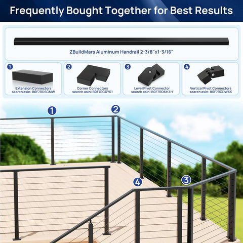Badass Eight Foot Black Aluminum Handrail With Hella Tough Powder Coated Finish And All The Mounting Hardware You Gonna Need Plus Smooth Nylon Ends For Outdoor Decks, showing connectors for installation.