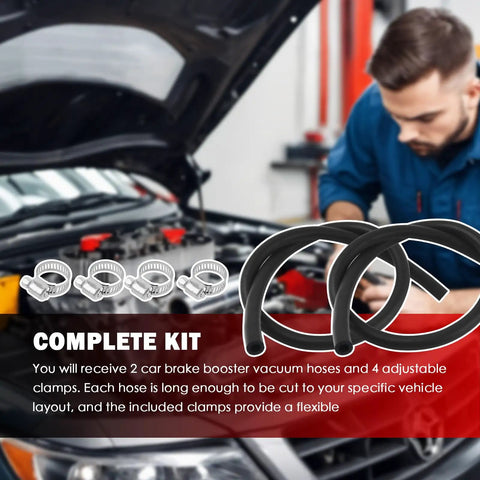Two Piece Built Tough Brake Booster Vacuum Hose Kit With Clamps 36 Inch hoses and clamps shown in vehicle engine bay for universal replacement.