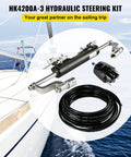 Outboard Hydraulic Steering Kit For Boats With 300HP Cylinder, Helm Pump And 20ft Hydraulic Hose Set displayed on boat