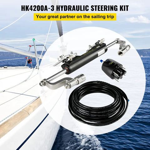 Outboard Hydraulic Steering Kit For Boats With 300HP Cylinder, Helm Pump And 20ft Hydraulic Hose Set displayed on boat