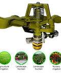 All Metal 360 Degree Rotating Garden Sprinkler With Copper Nozzle And Zinc Alloy Body, shown with irrigation uses