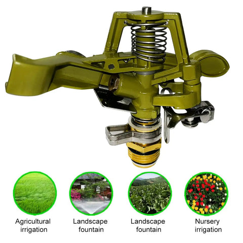 All Metal 360 Degree Rotating Garden Sprinkler With Copper Nozzle And Zinc Alloy Body, shown with irrigation uses