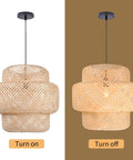 Bamboo Pendant Light For Kitchen Island And Living Room, Handwoven Rattan Chandelier Shade, two views, light on and off