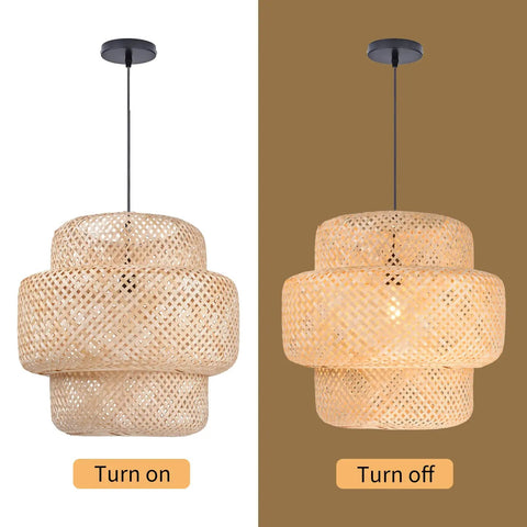 Bamboo Pendant Light For Kitchen Island And Living Room, Handwoven Rattan Chandelier Shade, two views, light on and off