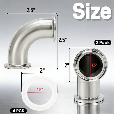 YIMITEE 2-pack stainless sanitary 90-degree elbow, 2" tube OD, 4 silicone gaskets (side view)