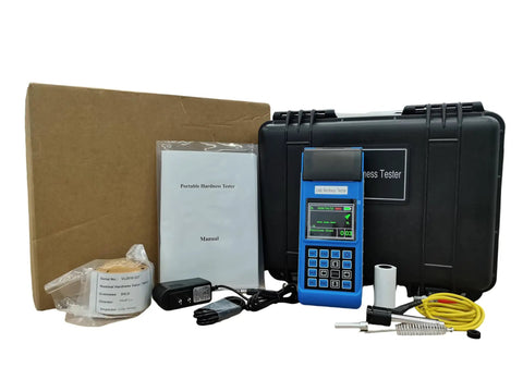Road Ready On Site Leeb Hardness Tester With Built In Thermal Printer And Bright Graphic Screen For No Sweat Steel Testing Any Place You Park Your Work Truck, showing tester, manual, and accessories.