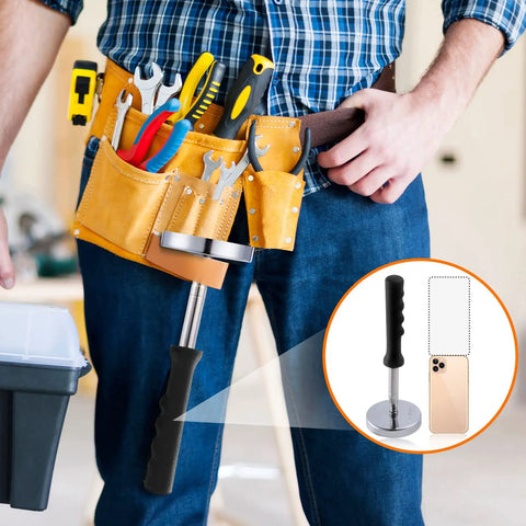 35 Lb Magnetic Pickup Tool Telescoping Wand With Upgraded Pole For Nails, Screws And Metal, shown in tool belt with black handle