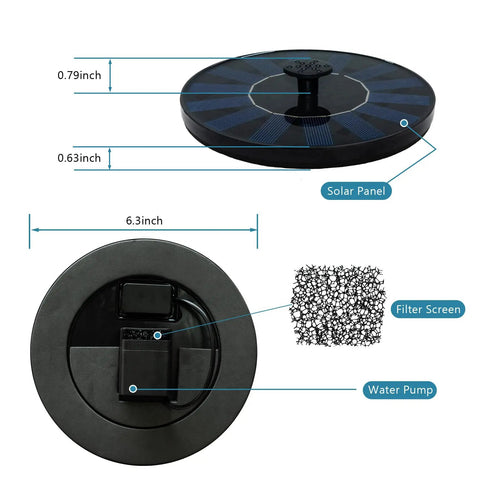 Solar Powered Bird Bath Fountain Pump For Backyard Birds, Floating 6.3-Inch Unit With 7V 1.4W Panel, product dimensions diagram