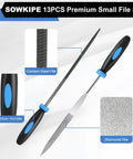 13 Piece Premium Small File Set With Diamond And Steel Files Cleaning Brush And Carrying Case For Wood Plastic Jewelry Leather And DIY Projects Pro Grade Hand Tool Kit For Fast Precise Filing showing diamond and carbon steel files with rubber handles.