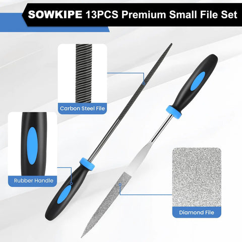 13 Piece Premium Small File Set With Diamond And Steel Files Cleaning Brush And Carrying Case For Wood Plastic Jewelry Leather And DIY Projects Pro Grade Hand Tool Kit For Fast Precise Filing showing diamond and carbon steel files with rubber handles.