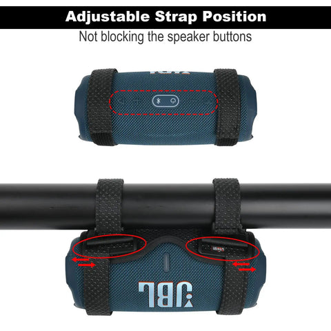 Adjustable Strap Speaker Mount For Bike, Golf Cart, And Boat Rails with JBL speaker secured, showing durable nylon straps.