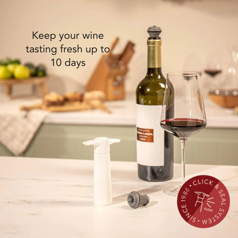 Original Saver Wine Bottle Stopper Set With Pump and 2 Vacuum Stoppers Keeps Red and White Wine Fresh Up To 10 Days, shown with wine bottle