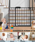 Child and dog near Extra Wide Walk Through Baby Gate For Kids And Fur Babies, 67 To 71.5 Inch Wide, Pressure Mounted Auto Close