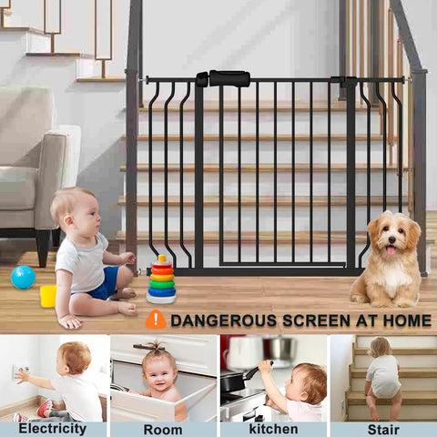 Child and dog near Extra Wide Walk Through Baby Gate For Kids And Fur Babies, 67 To 71.5 Inch Wide, Pressure Mounted Auto Close