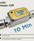 1 Inch Digital Turbine Flow Meter With 2.6-26 GPM Range showing LCD screen and auto power-off feature with aluminum adapters
