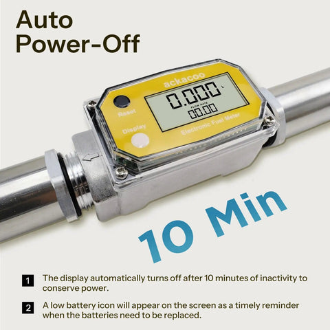1 Inch Digital Turbine Flow Meter With 2.6-26 GPM Range showing LCD screen and auto power-off feature with aluminum adapters